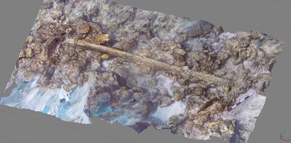 A 3D model of the anchor (shown here in a screen capture) was generated from hundreds of digital still images, and is one of the many forms of data collected from the shipwreck site that will be used to interpret and share its story. Image: James Hunter/ANMM/Silentworld Foundation. 