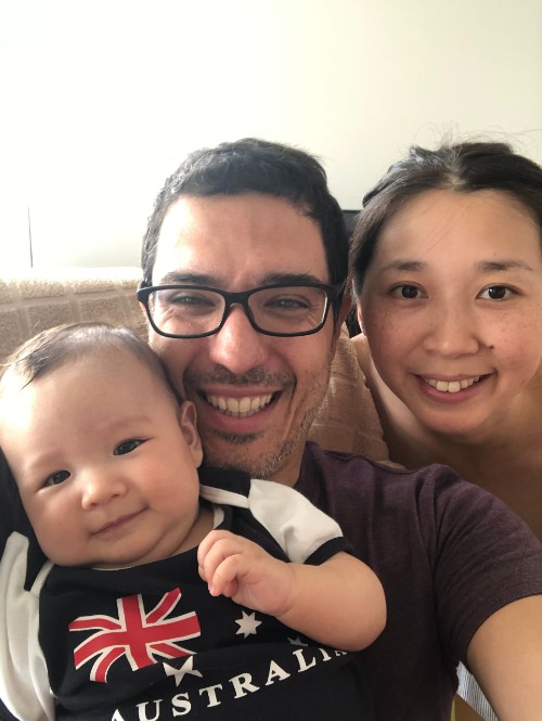 Antonello and Ayumi with their Australian-born son Kaito aged three months in Sydney, Australia Day 2020