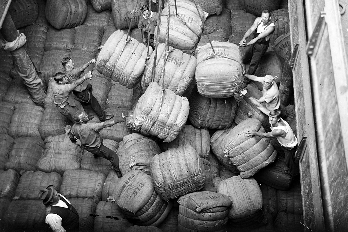 Wharfies positioning wool bales in the cargo hold of the Magdalene Vinnen, Samuel J Hood Studio, 1933. ANMM Collection 00035586.