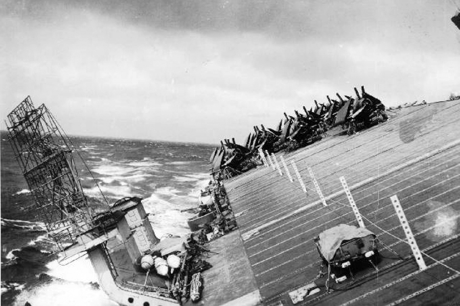 The flight deck of USS &#60;em&#62;Cowpens&#60;/em&#62;during Typhoon Cobra, 18 December 1944. Image: USA National Archives.
