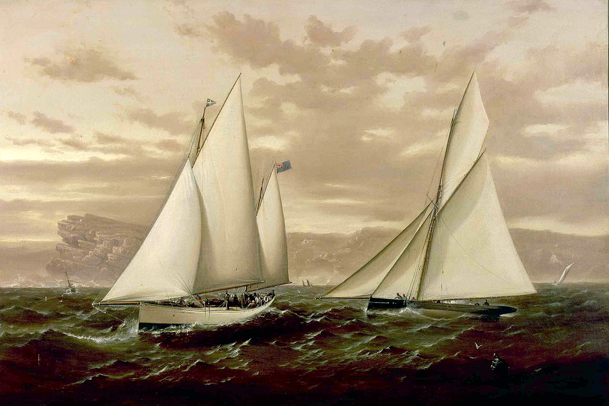 HRH PRINCE OF WALES sailing Sydney Harbour. The painting depicts two yachts racing on Sydney Harbour turning around a buoy. c.1901. ANMM Collection 00000910.