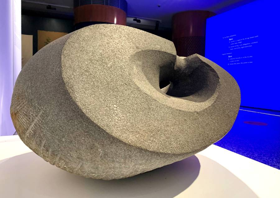 Replica of Kupe's punga (anchor stone) by Wi Taepa on display in Here: Kupe to Cook at the Australian National Maritime Museum