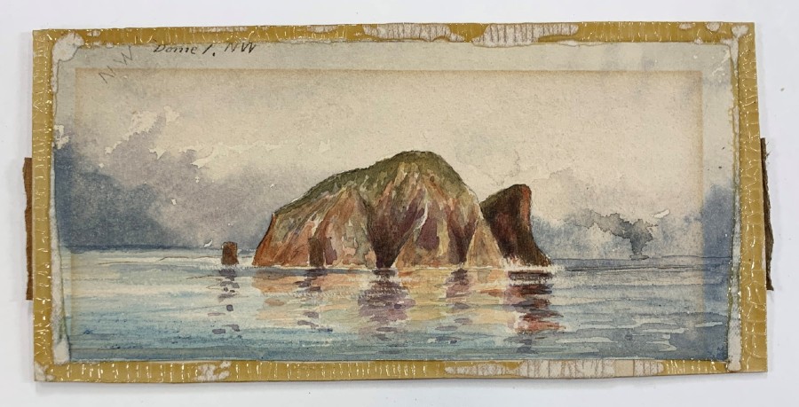 ‘Dome Island looking N.W.’ after separation from mount revealing more of the watercolour, a hidden inscription and yellowed animal glue