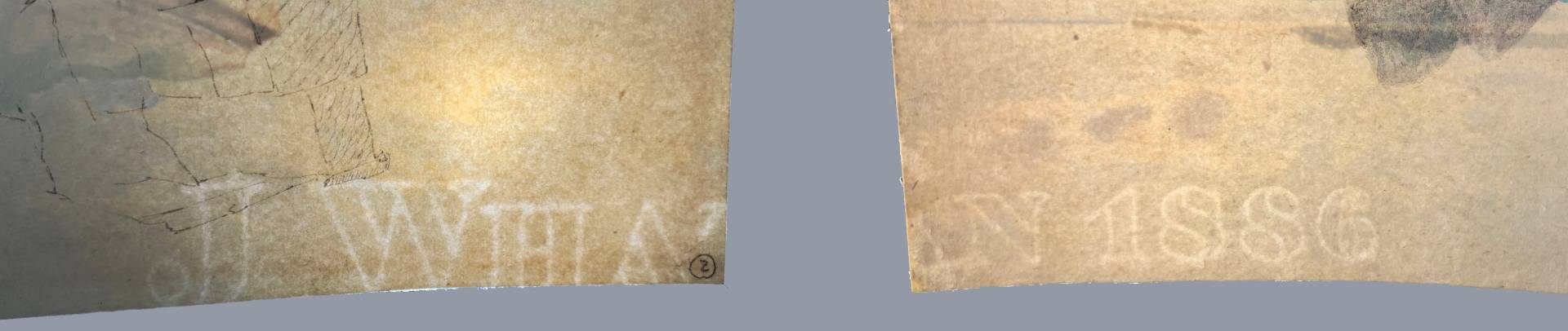 Using transmitted light to show the ‘J Whatman’ and ‘1886’ watermarks that were revealed after the backing removal
