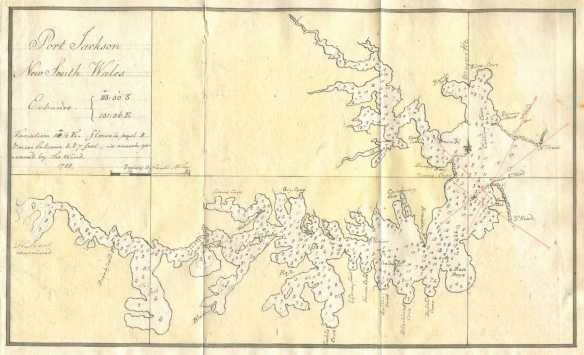 The chart of Sydney Harbour in Bradley’s log notes place names, some of which are still in use, while others have been superseded. ANMM Collection.