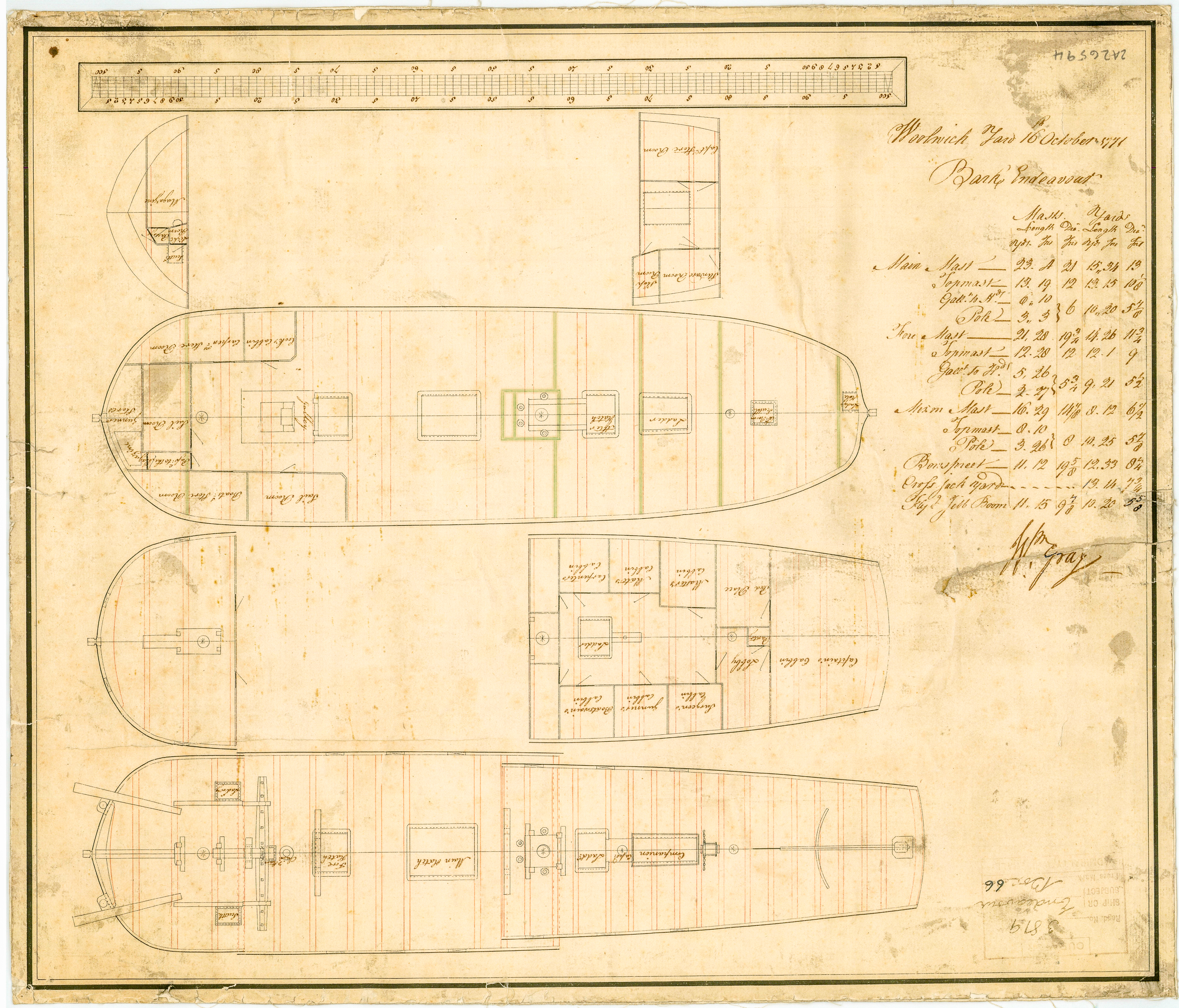 A handrawn plan of the HMB Endeavour showing key measurements of the ship 