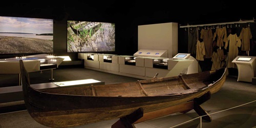 Reconstruction of the Årby boat, a small, two-oared fishing or transport craft, the original of which dates to 850–950ce. Photograph A Frolows/ANMM