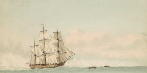 HMS Endeavour off the coast of New Holland, by Samuel Atkins c1794
