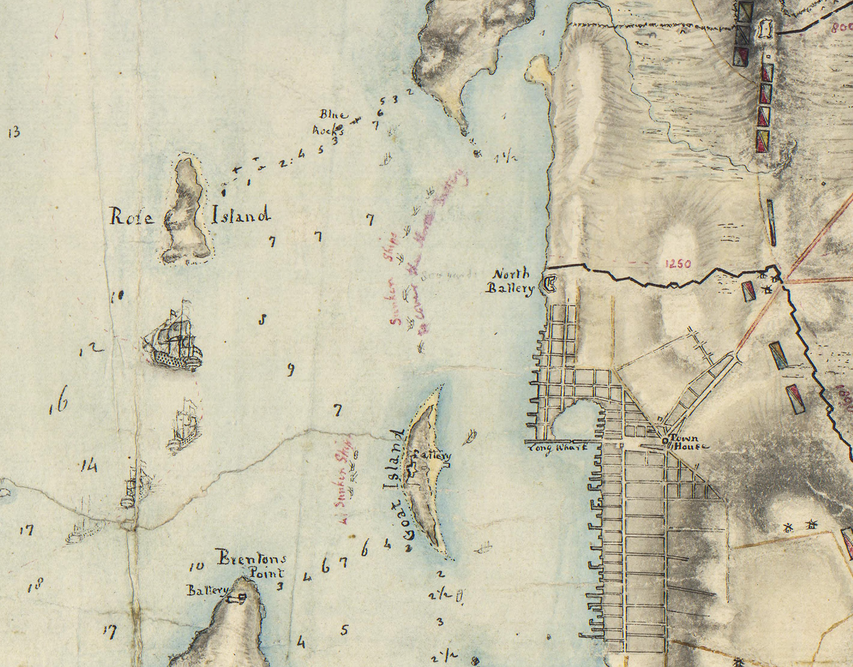A vintage map of Newport Harbor showing the location of British sunken ships near Goat Island, Newport
