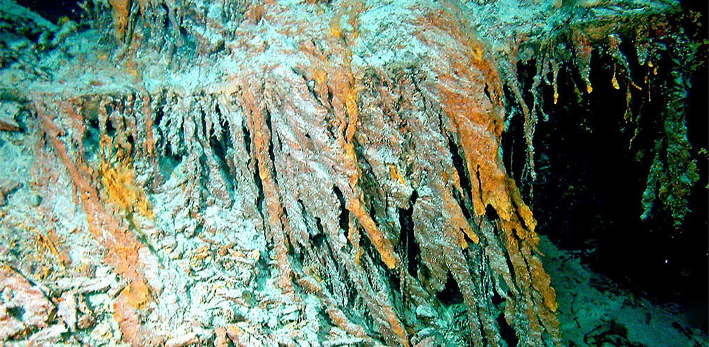 Detached rusticles below port side anchor of RMS Titanic, indicating that the rusticles pass through a cycle of growth, maturation and then fall away. Image: courtesy of Lori Johnston, NOAA-OE.
