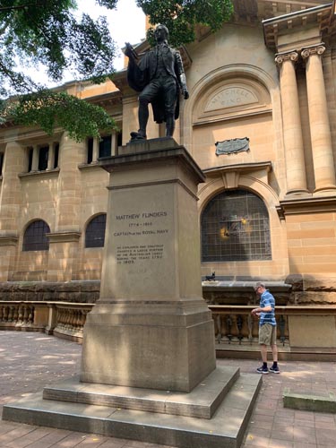 Flinders statue outside the State Library of NSW, Macquarie Street, Sydney. Flinders’ faithful cat Trim was later given his own statue. There are no statues of Bungaree in Sydney. Photographs Stephen Gapps.