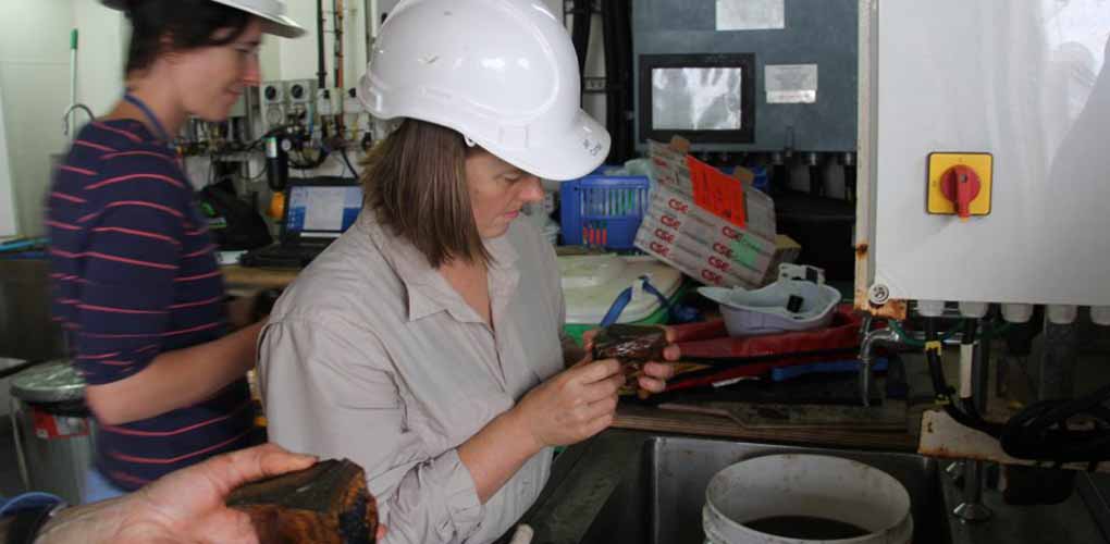 Doctor Joanne Whittaker inspects samples from a dredge, January 2019. Image: MNF/CSIRO.