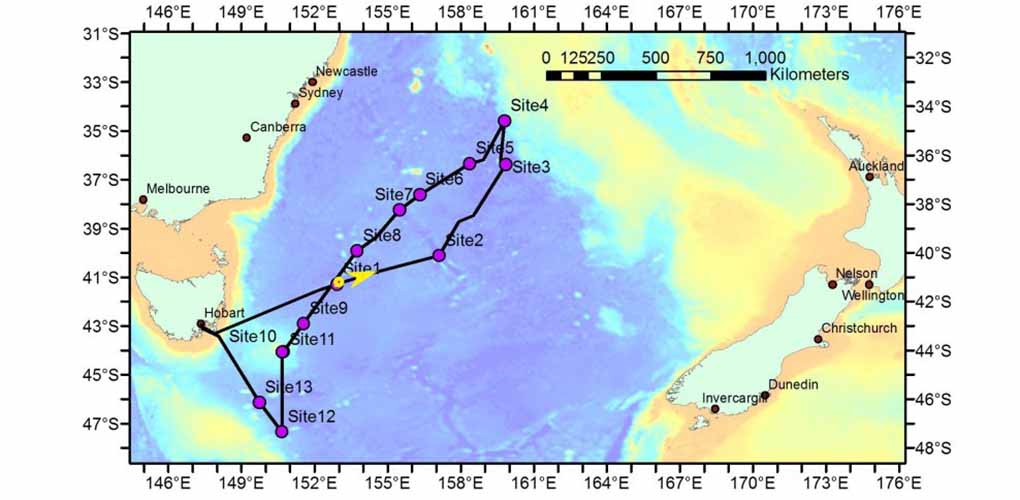 Joanne and Rebecca's research is seeking to better understand this chain of seamounts that stretches across the Tasman Sea. Image: MNF/CSIRO.