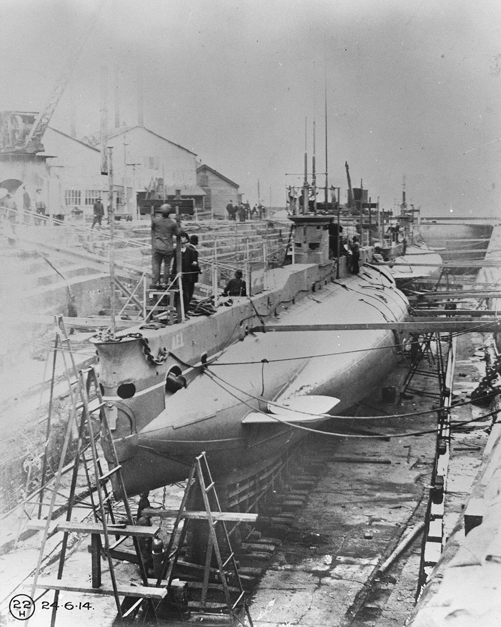 AE1(front) and AE2 in Fitzroy Dock, Cockatoo Island, Sydney, June 1914. Image courtesy Royal Australian Navy.