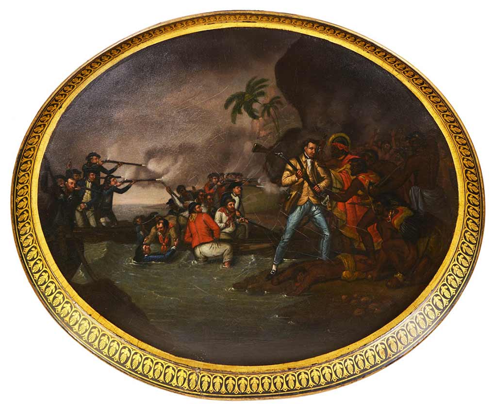 Japanned papier-mâché tea tray bearing the patent mark of Henry Clay and painted with a scene of the death of Captain Cook. Image Andrew Frolows/ANMM