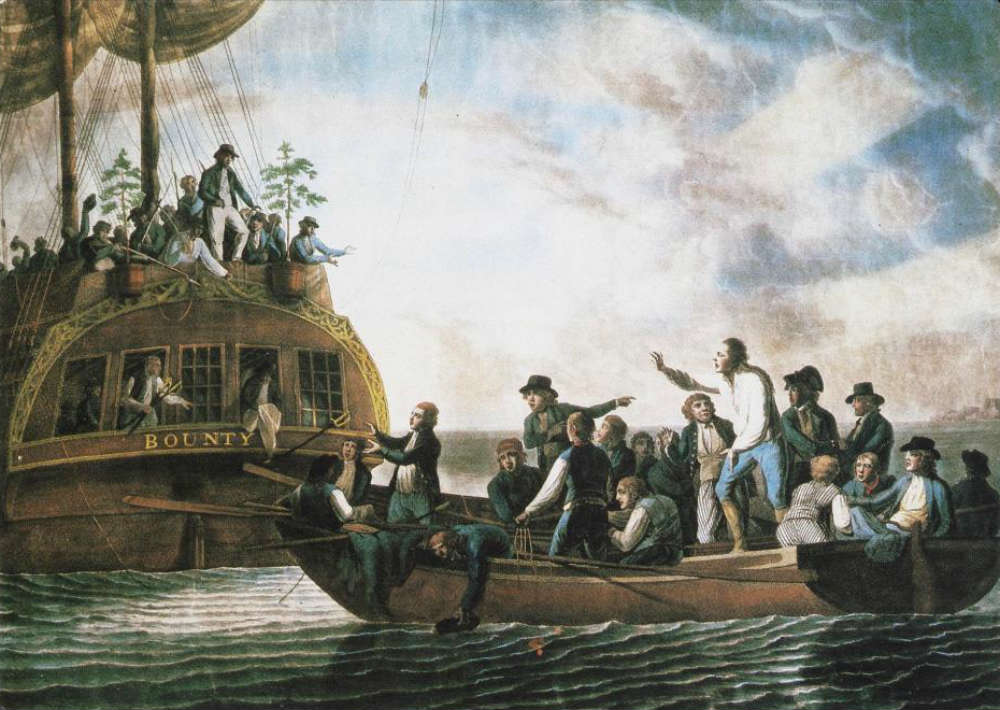 Postcard depicting a painting of the mutineers turning Lieutenant Bligh adrift from the Bounty