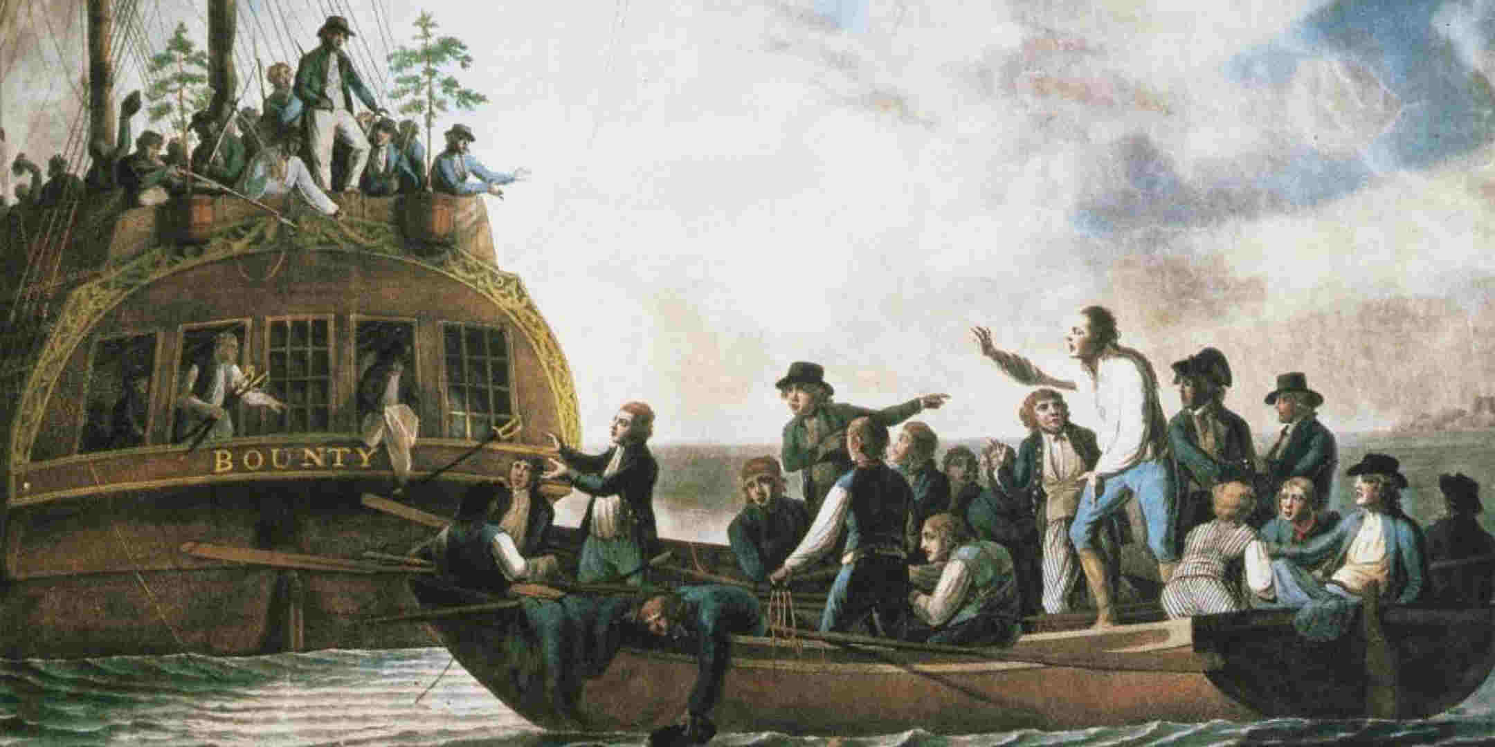 Postcard depicting a painting of the mutineers turning Lieutenant Bligh adrift from the Bounty, before 1816, ANMM Collection Gift from Rhonda Coleman, ANMS1140[037]