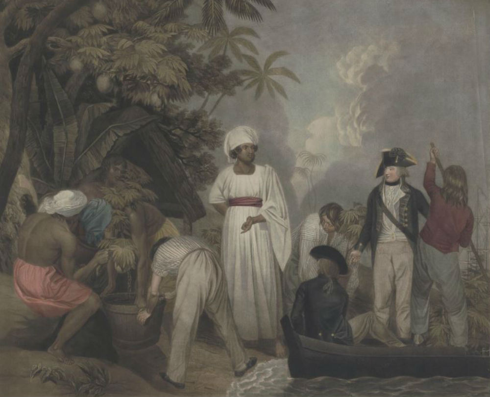 Transplanting of the bread-fruit trees from Otaheite [Tahiti], painted and engraved by Thomas Gosse, 1796. National Library of Australia nla.obj-135292190