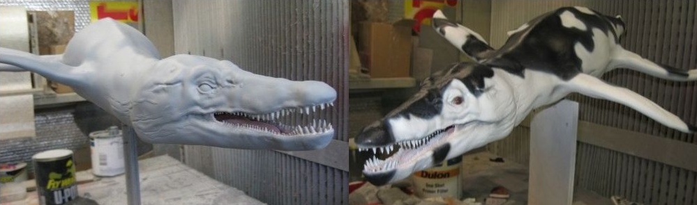 The model Kronosaurus before and after it was painted