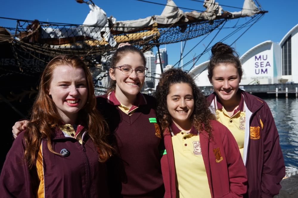 Students from Winmalee High School before boarding the tall ship James Craig
