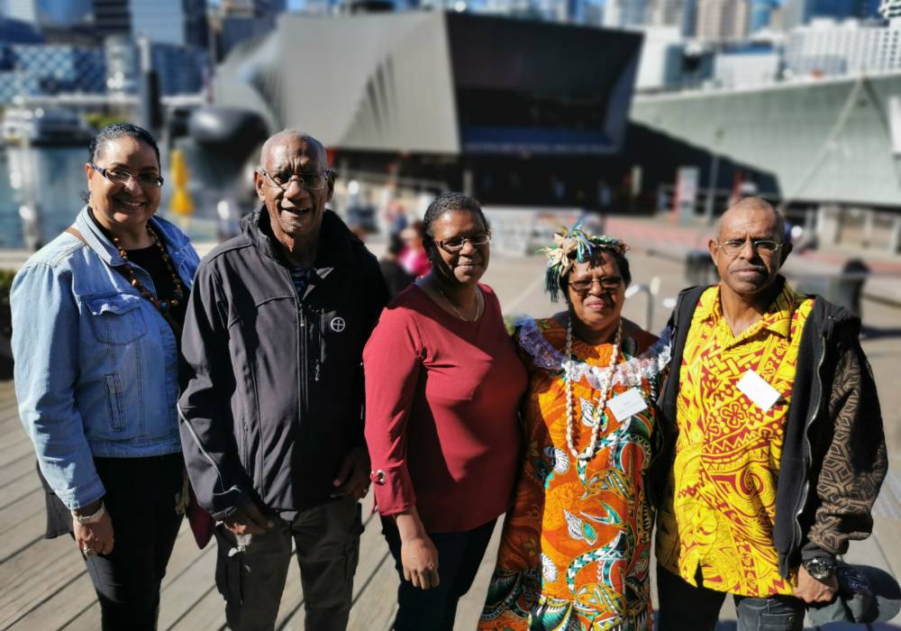 First Nations Curator Helen Anu meets relatives for the first time who attended as special guests from St Pauls community, Torres Strait