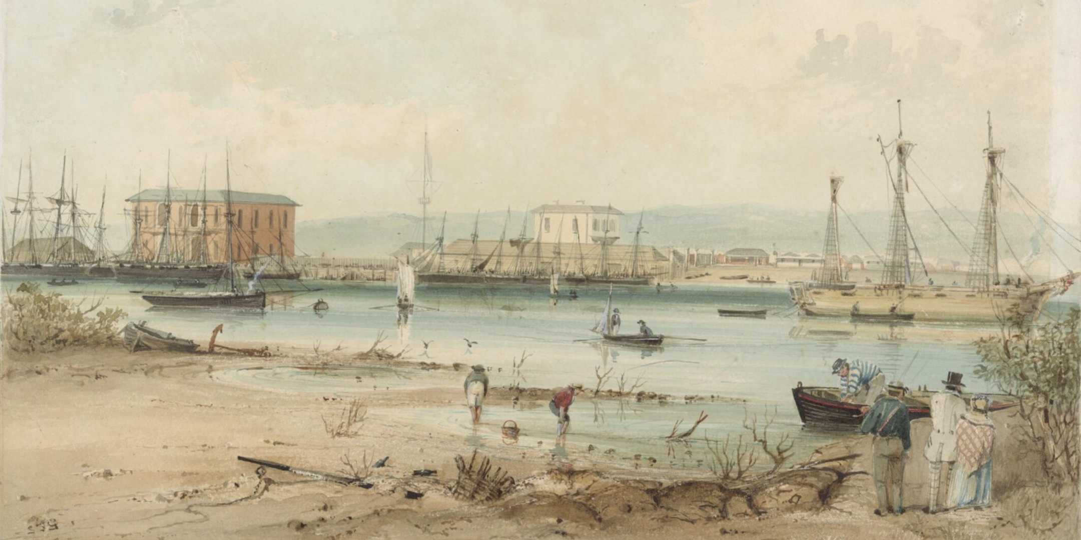 Watercolour of Port Adelaide, South Australia, by Samuel Thomas Gill, 1840s. Rex Nan Kivell Collection, National Library of Australia