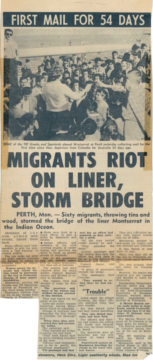 Article titled 'Migrants riot on liner, storm bridge', Sydney Telegraph, 30 June 1959. ANMM Collection Gift from Barbara Alysen ANMS0217[022]