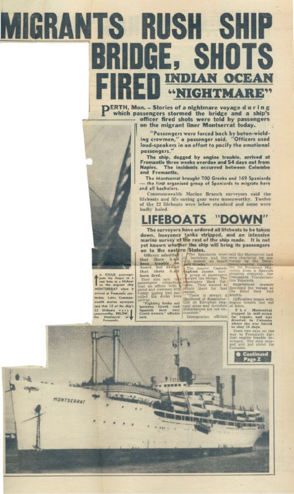 Article titled 'Migrants rush ship bridge, shots fired', Melbourne Sun, 30 June 1959. ANMM Collection Gift from Barbara Alysen ANMS0217[021]