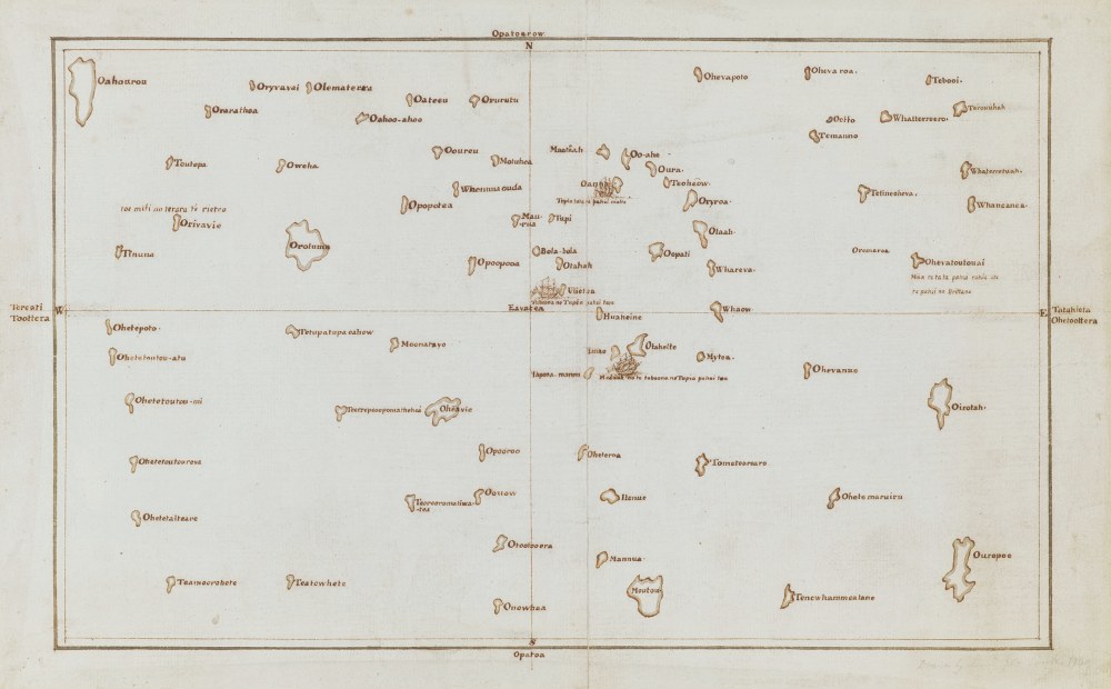 Map of some of the Pacific islands known to Tupaia, with Tahiti in the centre, by Captain James Cook, who made his first exploration of the Pacific Ocean between 1769 and 1771. The chart is a copy of an original document by Tupaia. Image © The British Library Board Add.21593 C 