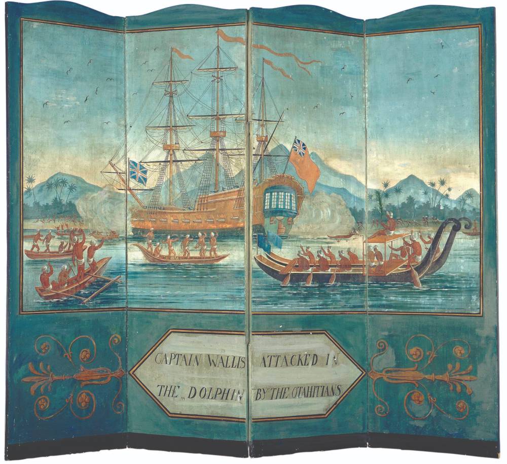 Captain Samuel Wallis attacked in the Dolphin by Otahitians, artist unknown, c 1800. The painting on this folding screen was copied from an engraving in John Hawkesworth’s 1773 book of Pacific discoveries. ANMM Collection 0006125