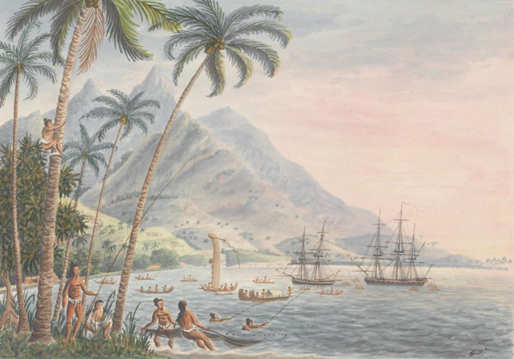Matavai Bay, Island of Otahytey [Tahiti] Sun set, by George Tobin, 1792. Image State Library of New South Wales FL1606990