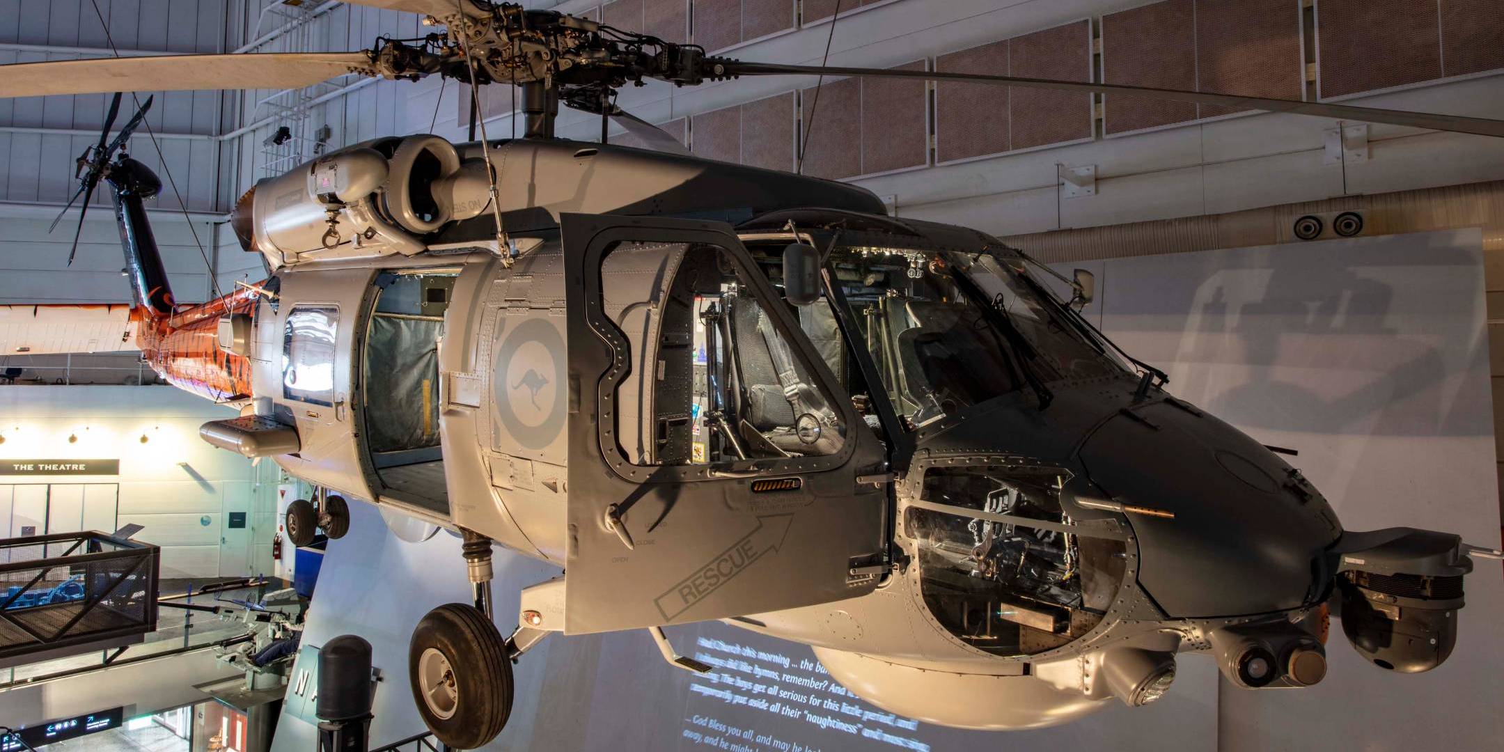 The Sikorsky S-70B-2 Seahawk helicopter known as Tiger 75 installed some eight metres above the ground in the museum’s Navy Gallery. 