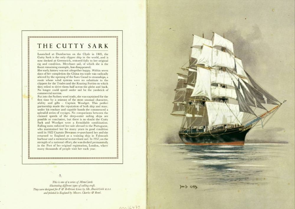 Oronsay dinner menu with illustration of Cutty Sark, 1966. ANMM Collection Gift from Don McCulloch 00016472