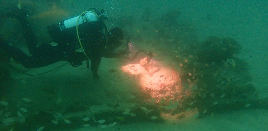 James Hunter conducts a photogrammetric survey of Herald’s starboard boiler. A lighting array was used to illuminate the wreck site and resulted in imagery that was a vast improvement over photographs collected by the team in 2019. Image Irini Malliaros 