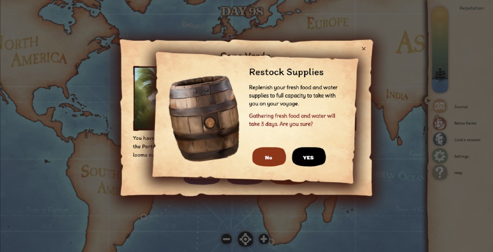 Game screen showing message about restocking supplies