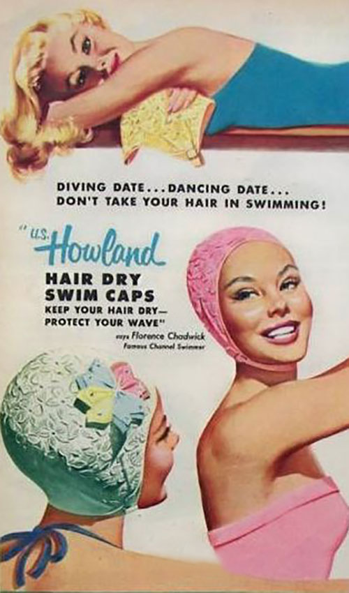 Advertisement for US Howland swimming caps
