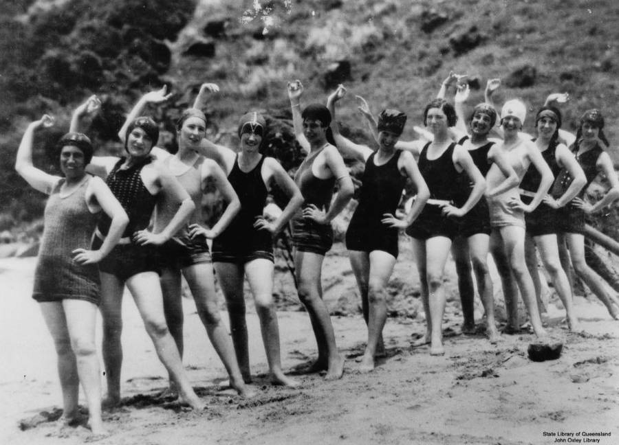 Women in their swimming costumes on the beach at Lindeman Island, Queensland, Christmas 1928