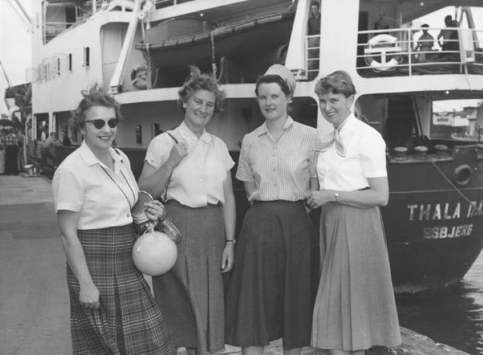  Isobel Bennett, Susan Ingham, Mary Gillham and Hope Macpherson before boarding Thala Dan, Dec 1959 Source: Museums Victoria