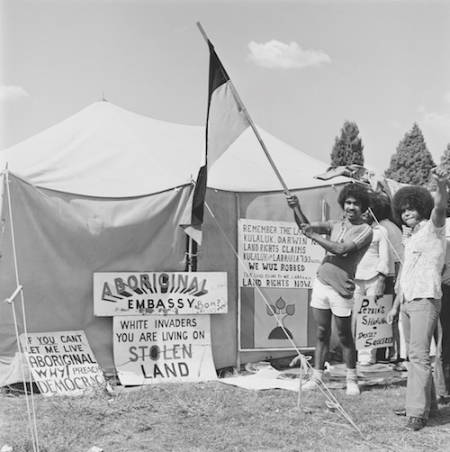 Protestors at the Aboriginal Tent Embassy, Canberra, 1974. National Archives of Australia