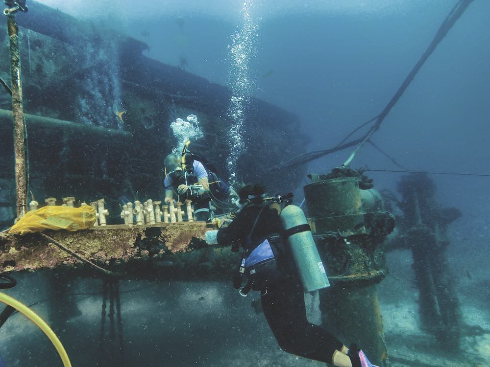 Mark Patterson and Sara Williams probing corals at Aquarius Reef Base, 2014. Operated by Florida Atlantic University, it is currently the only permanent underwater habitat in the world. Cousteau's 31-day mission in 2014 proved the viability of the Protues™ project. Photographer Christopher Marks