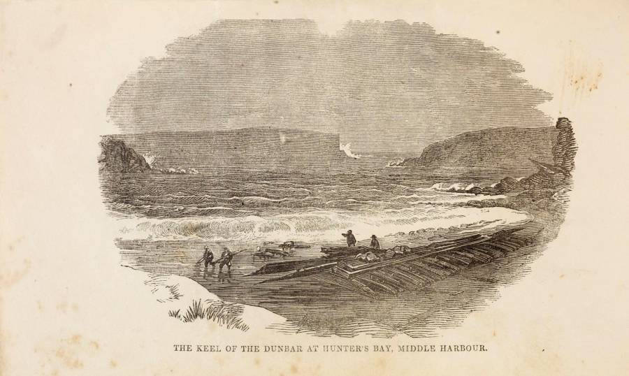 Illustration showing the keel of the 'Dunbar' at Hunter's Bay, Middle Harbour from the book, A narrative of the melancholy wreck of the Dunbar merchant ship ...', 1857 