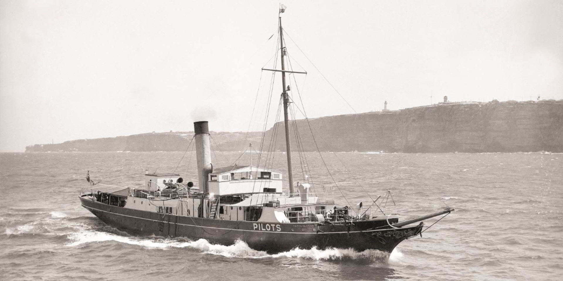 The second pilot steamer  Captain Cook (II) was designed by W D Cruikshank and built at Mort’s Dock & Engineering Company in 1892. Used as a naval training ship during World War II, it was scuttled off Sydney in October 1947. Photographed c 1920 by William James Hall. ANMM Collection ANMS1092[015] Gift from Mr and Mrs Glassford