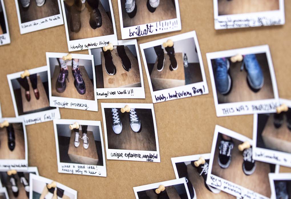 Polaroids of all the shoes in A Mile in My Shoes exhibition. Image Stephen Garnett Photography