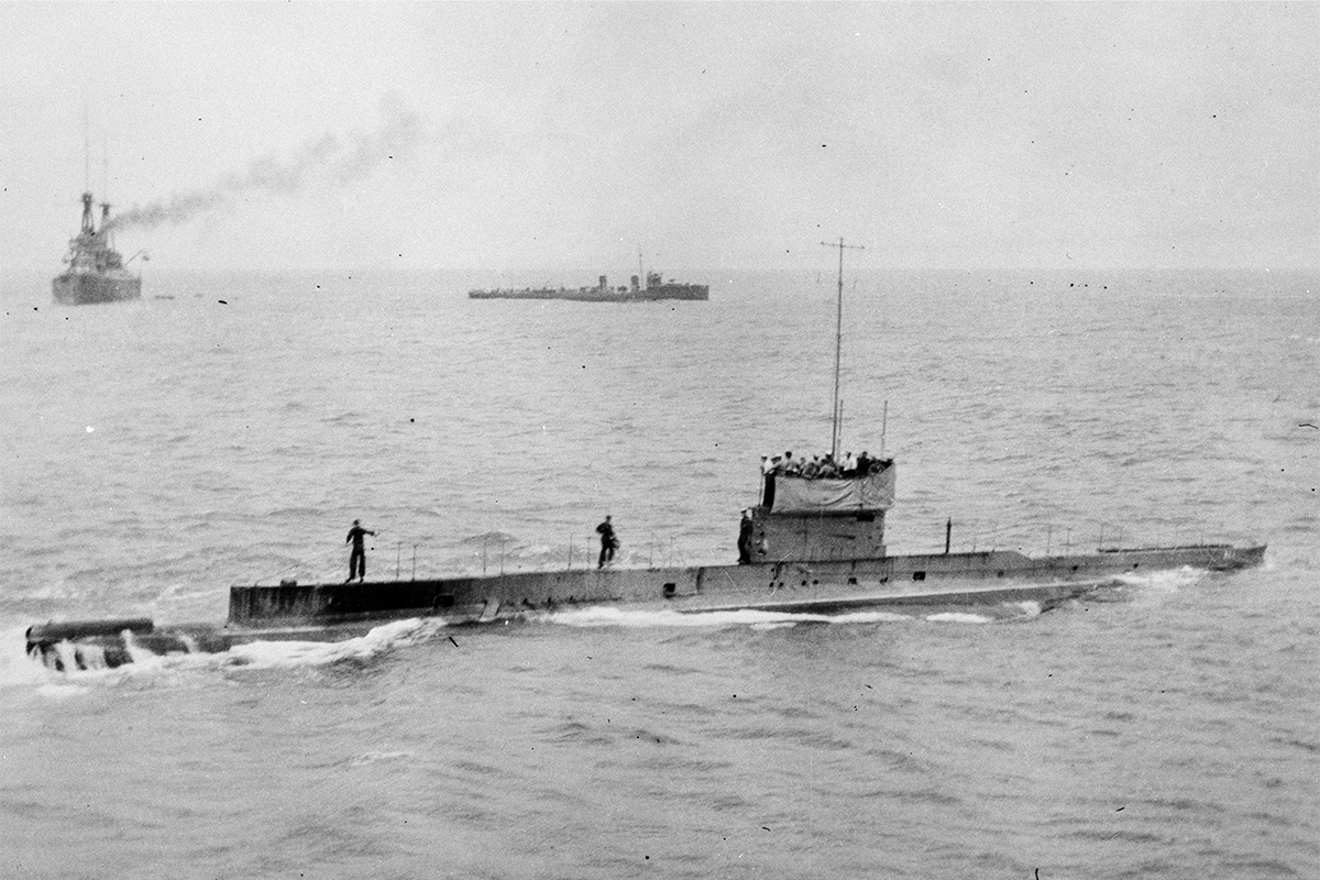 The last known photograph of AE1 prior to its disappearance shows the submarine near Rossel (Yela) Island in the Louisiade Archipelago on 9 September 1914. Image: Royal Australian Navy.