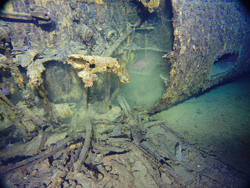 Natural forces such as corrosion have caused most of <em>AE1</em> ‘saddle’ ballast tanks to disintegrate and collapse to the seabed. The opening for the submarine’s port side amidships torpedo tube is visible at image far right. Image: Paul G. Allen, Find <em>AE1</em> Ltd., ANMM and Curtin University. Copyright, Navigea Ltd.