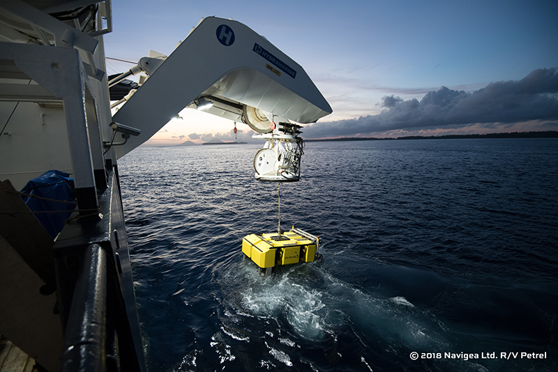 Petrel’s ROV is launched during the 2018 examination of AE1. The ROV has a maximum depth limit of 6,000 metres and was outfitted with an array of still and video cameras. Image: Paul G. Allen, Find AE1 Ltd., ANMM and Curtin University. Copyright, Navigea Ltd.
