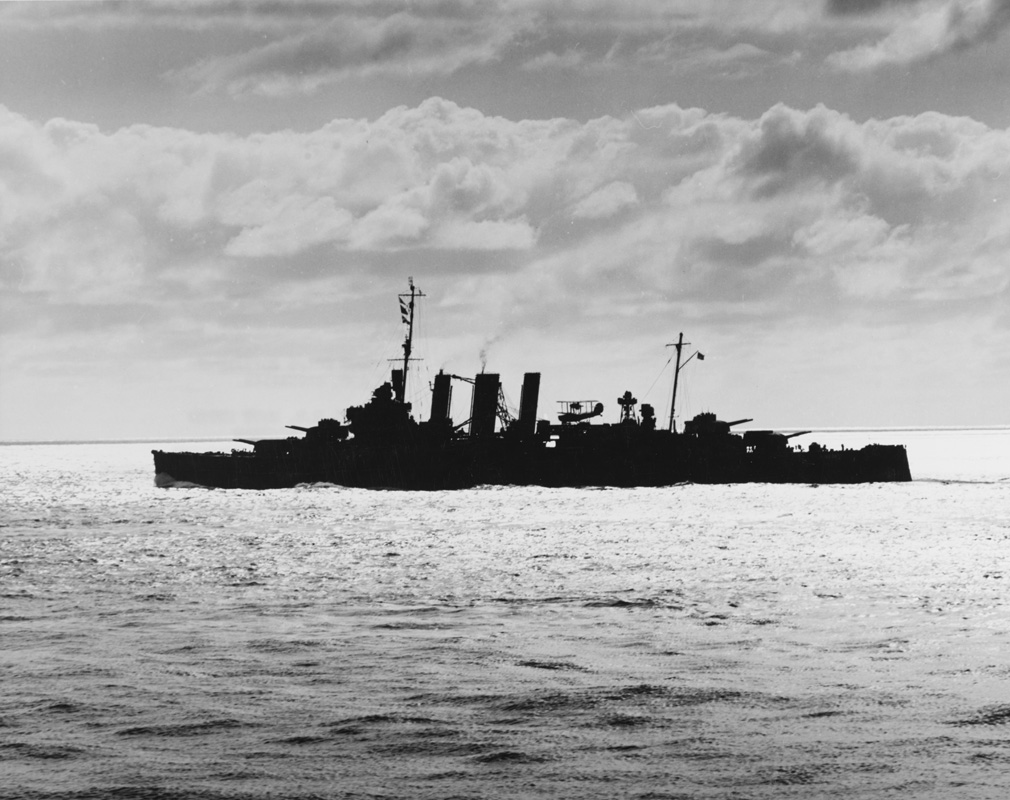 Heavy cruiser HMAS <em>Australia</em> (II) in the South Pacific, 1943. Image: Official US Navy photograph collection of the National Archives, Naval History and Heritage Command BD-G-78946.  