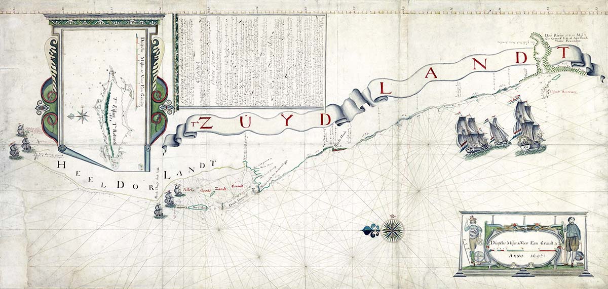 Chart of Willem de Vlamingh’s expedition to the South Land, showing Dirk Hartog Island and the ships Geelvinck, Nyptangh and Weseltje, 1697. The inscription schootel gevonden refers to the ‘dish found’. Reproduced courtesy National Archives of the Netherlands.
