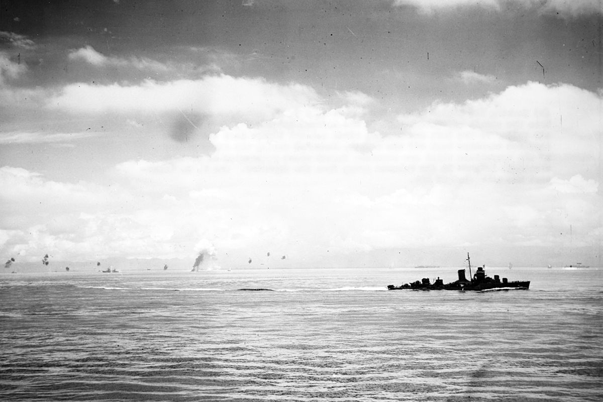 Ships maneuvering during the Japanese torpedo plane attack on the Tulagi invasion force, 8 August 1942. Image: U.S. Naval History and Heritage Command.