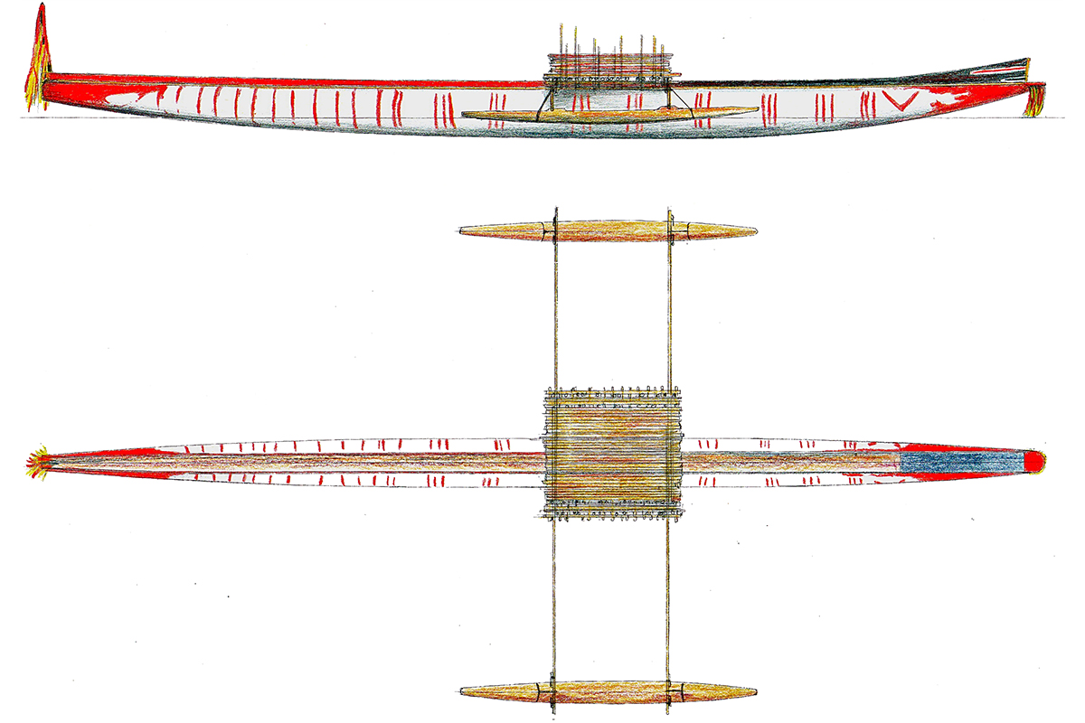 Kai Marrina, a double outrigger from the Torres Strait. This pencil drawing was based on historical documentation from the 1850s. Image: David Payne. 